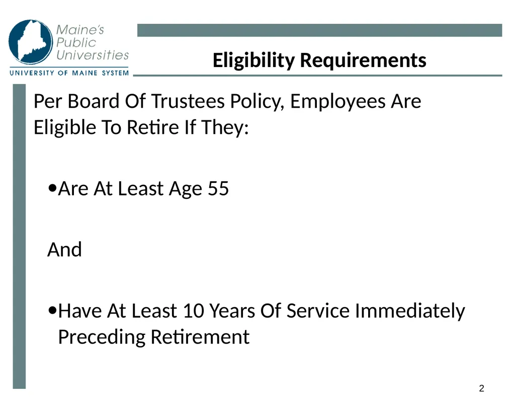 1 Planning For Retirement 2 Eligibility - slide 2 of 34