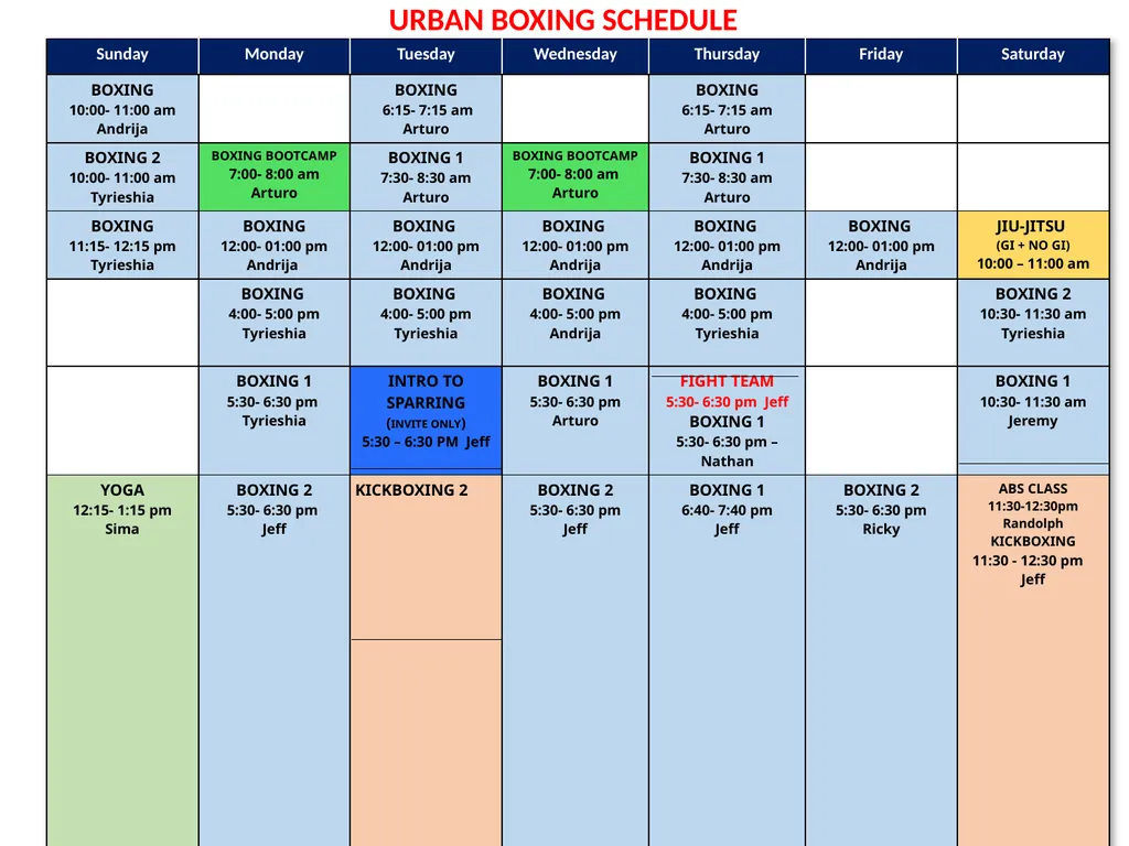 URBAN BOXING SCHEDULE