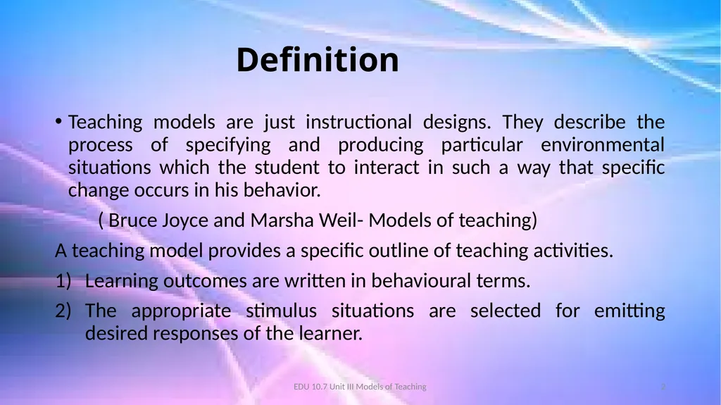 Models of Teaching A model for teaching is a - slide 2 of 42