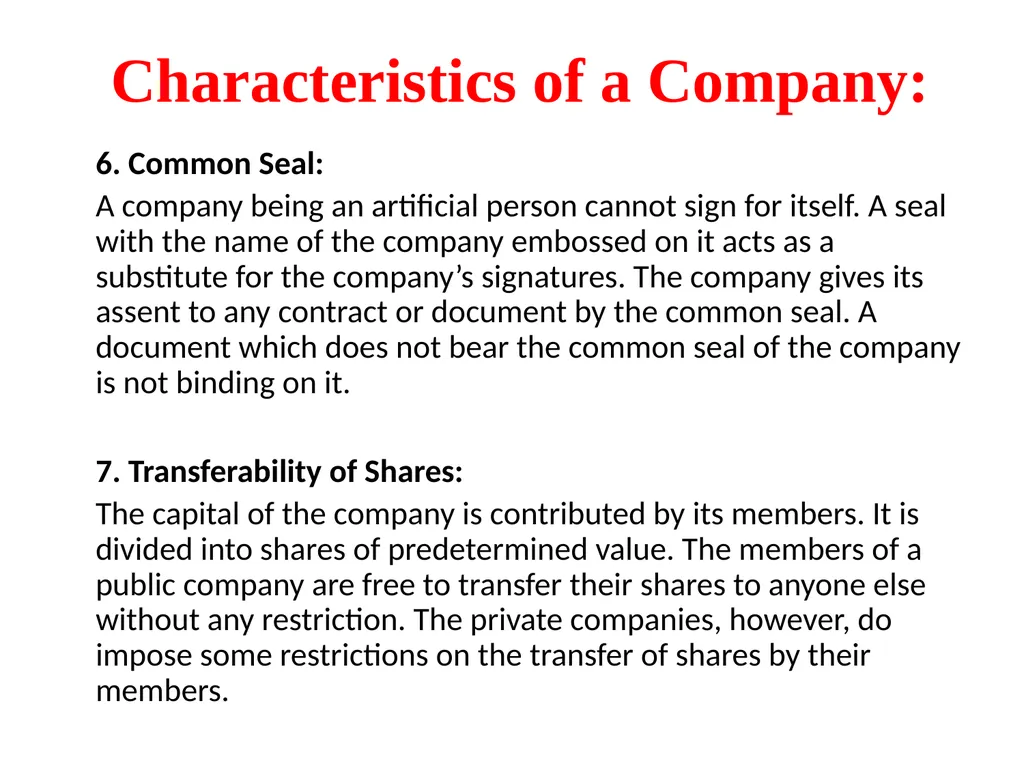CORPORATE LAW UNIT 1: Characteristics of a Company - slide 8 of 10