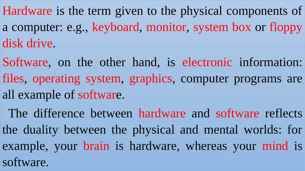 1-3 SOFTWARE AND HARDWARE Software is the stuff - slide 2 of 7