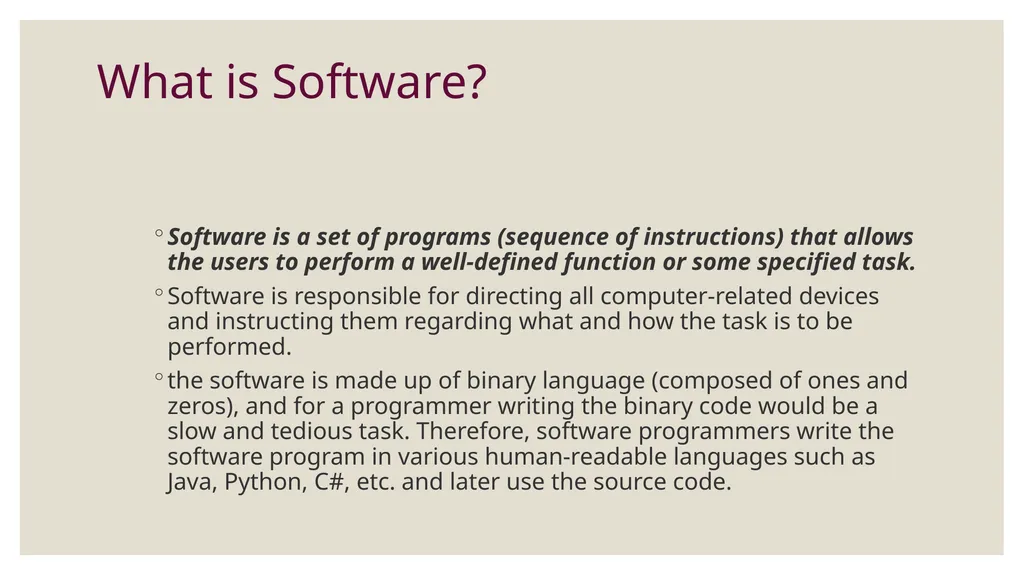 What is Software? Software is a set of programs - slide 2 of 12