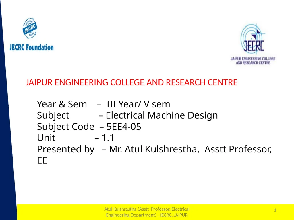 1 Year & Sem – III Year/ V sem Subject - slide 1 of 17