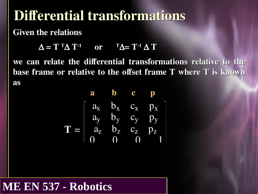 DIFFERENTIAL KINEMATICS Purpose: The purpose of - slide 7 of 37