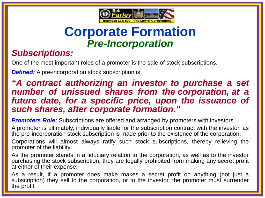 Slide Set Three A: Preincorporation Last Time We - slide 19 of 21