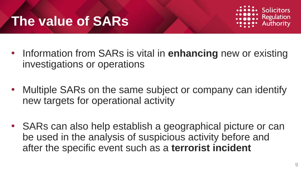 1 Suspicious Activity Reports (SARs) Tackling - slide 9 of 26