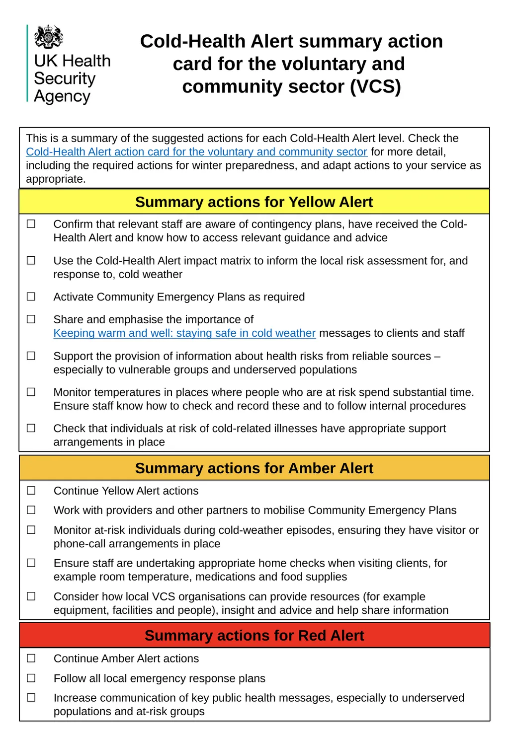 ☐ Continue Yellow Alert actions ☐ Work with