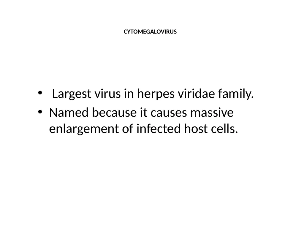 CYTOMEGALOVIRUS Largest virus in herpes viridae - slide 1 of 22