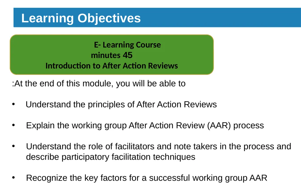 Introduction to After Action Review (online - slide 2 of 38