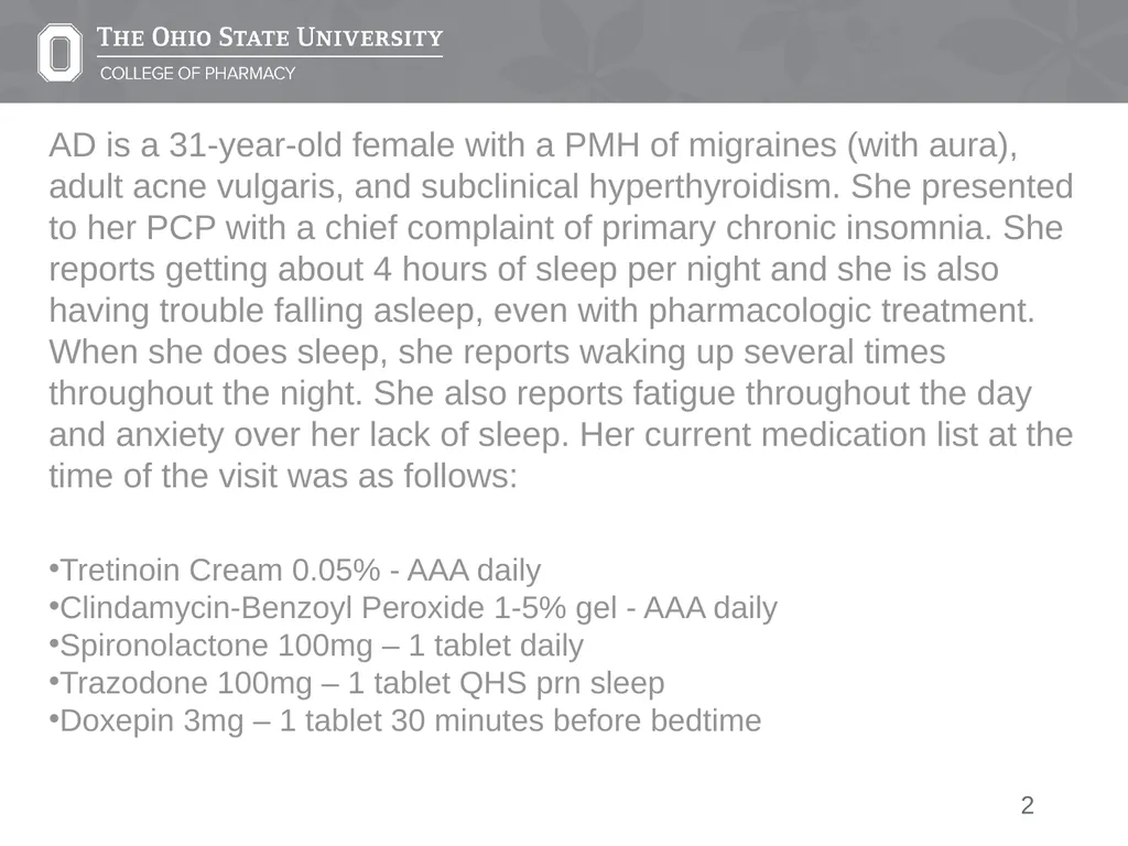 Insomnia: A Case Presentation Emily Medina Pharm.D - slide 2 of 35