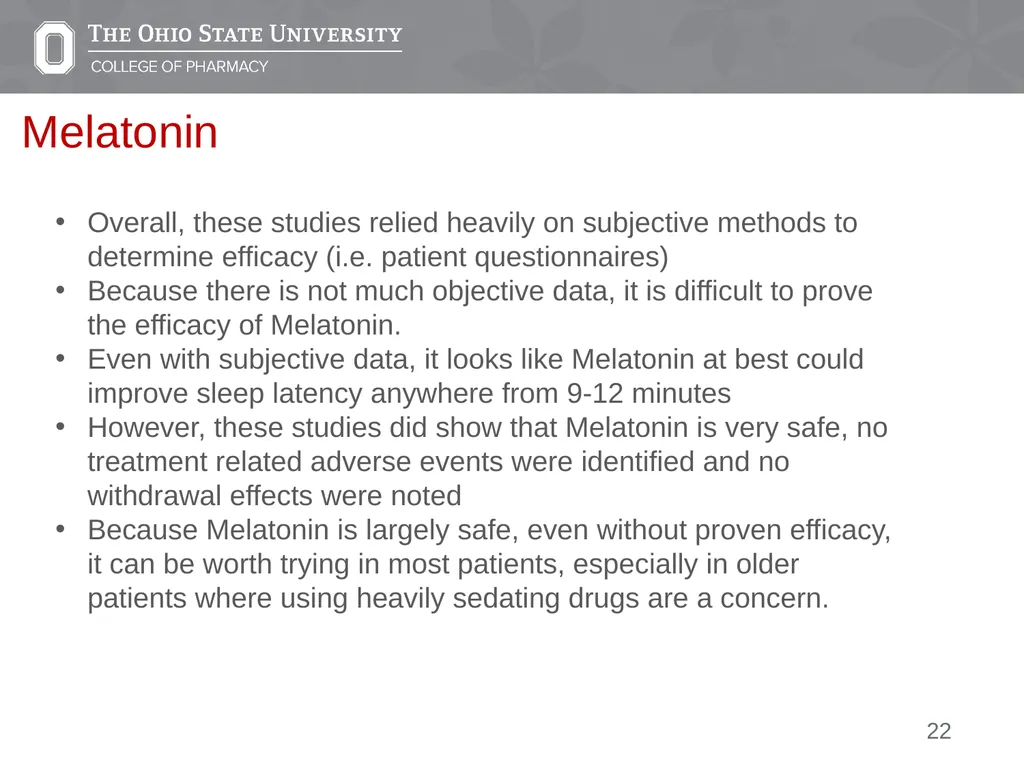 Insomnia: A Case Presentation Emily Medina Pharm.D - slide 22 of 35