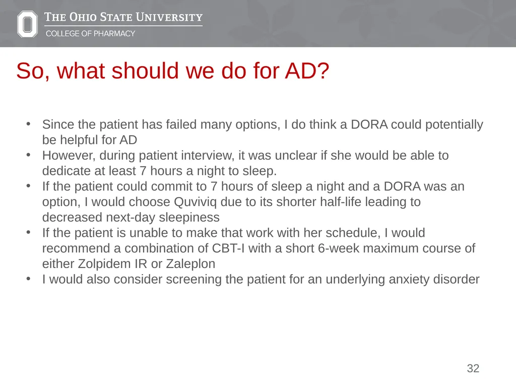 Insomnia: A Case Presentation Emily Medina Pharm.D - slide 32 of 35