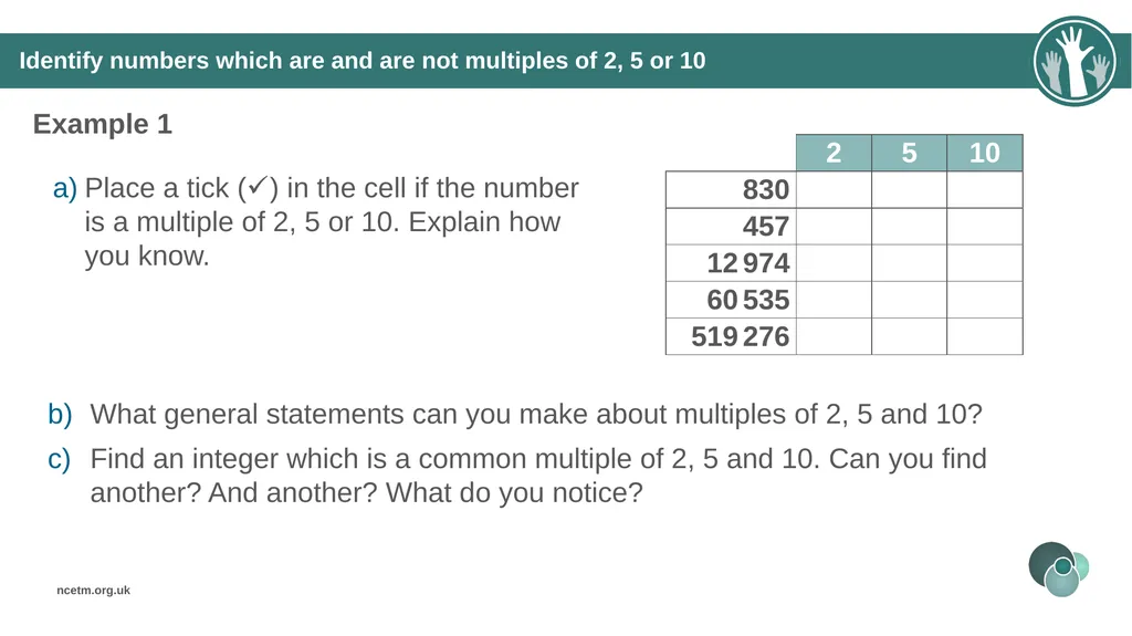 Identifying multiples of an integer (from 1.2 - slide 16 of 39