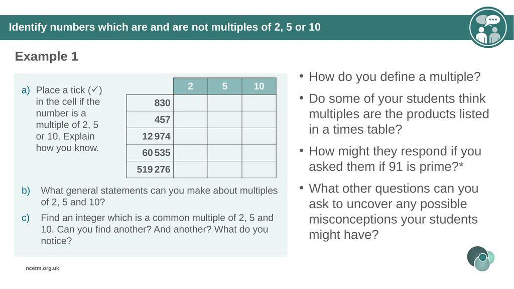 Identifying multiples of an integer (from 1.2 - slide 17 of 39