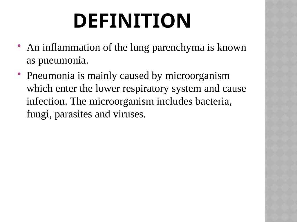 PNEUMONIA PRESENTED BY: PRATIBHA CHARAN NURSING - slide 3 of 9
