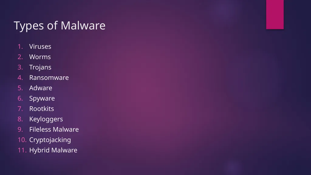 Malwares What is a Malware? Software that is - slide 4 of 15