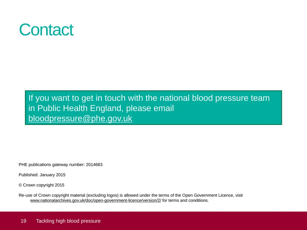 Tackling high blood pressure Core slide deck – - slide 19 of 19