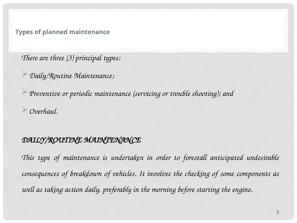 VEHICLE MAINTENANCE AND FIRE PROTECTION AND - slide 5 of 26