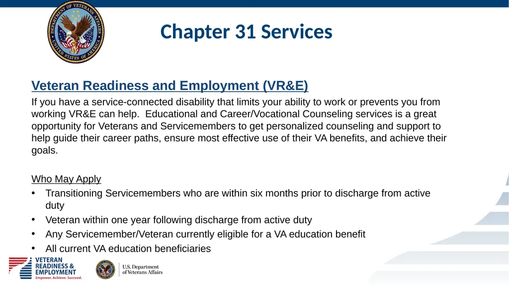 Welcome to VETERAN READINESS & EMPLOYMENT Chapter - slide 2 of 13
