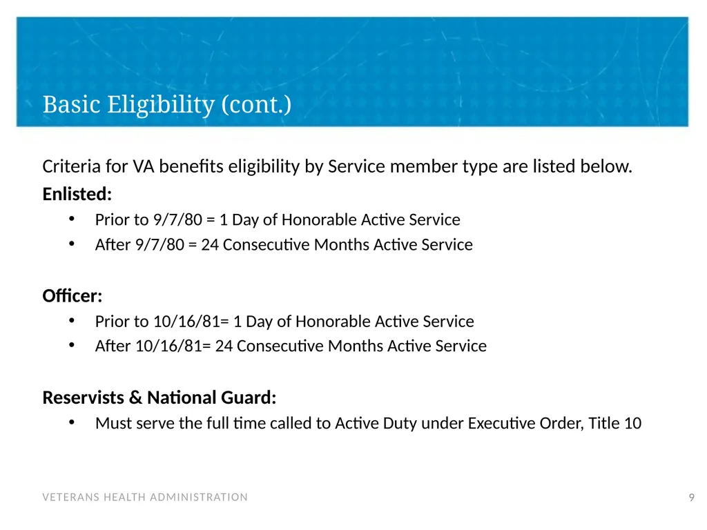 Veteran Eligibility and Enrollment Objectives In - slide 9 of 37