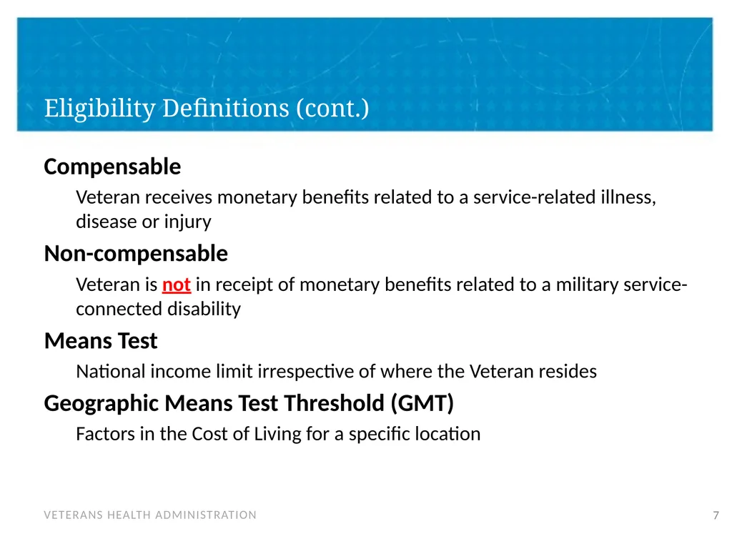 Veteran Eligibility and Enrollment Objectives In - slide 7 of 37