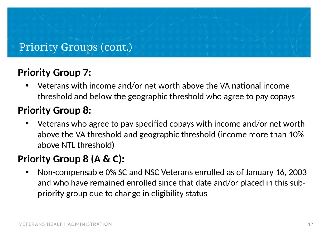 Veteran Eligibility and Enrollment Objectives In - slide 17 of 37