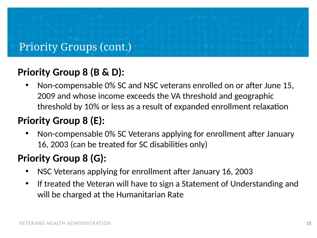 Veteran Eligibility and Enrollment Objectives In - slide 18 of 37