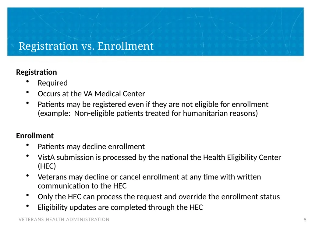 Veteran Eligibility and Enrollment Objectives In - slide 5 of 37