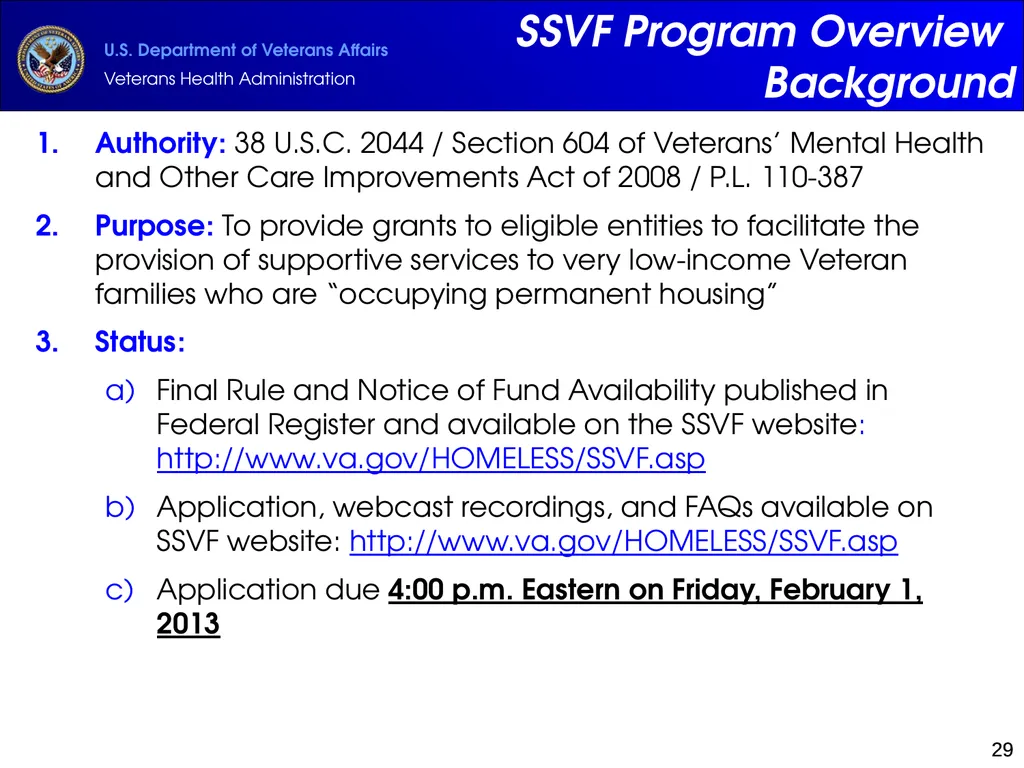 Supportive Services for Veteran Families (SSVF) - slide 29 of 69