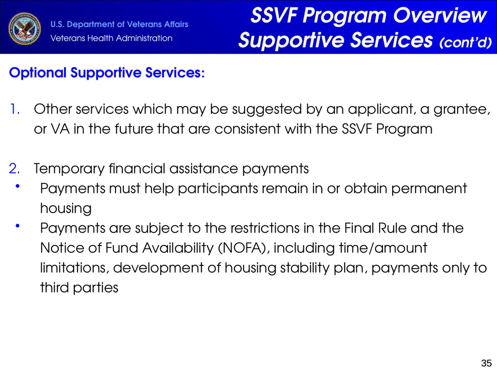 Supportive Services for Veteran Families (SSVF) - slide 35 of 69