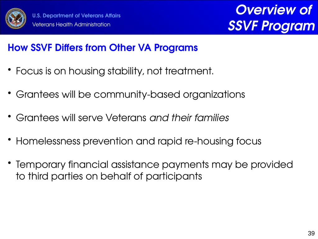 Supportive Services for Veteran Families (SSVF) - slide 39 of 69