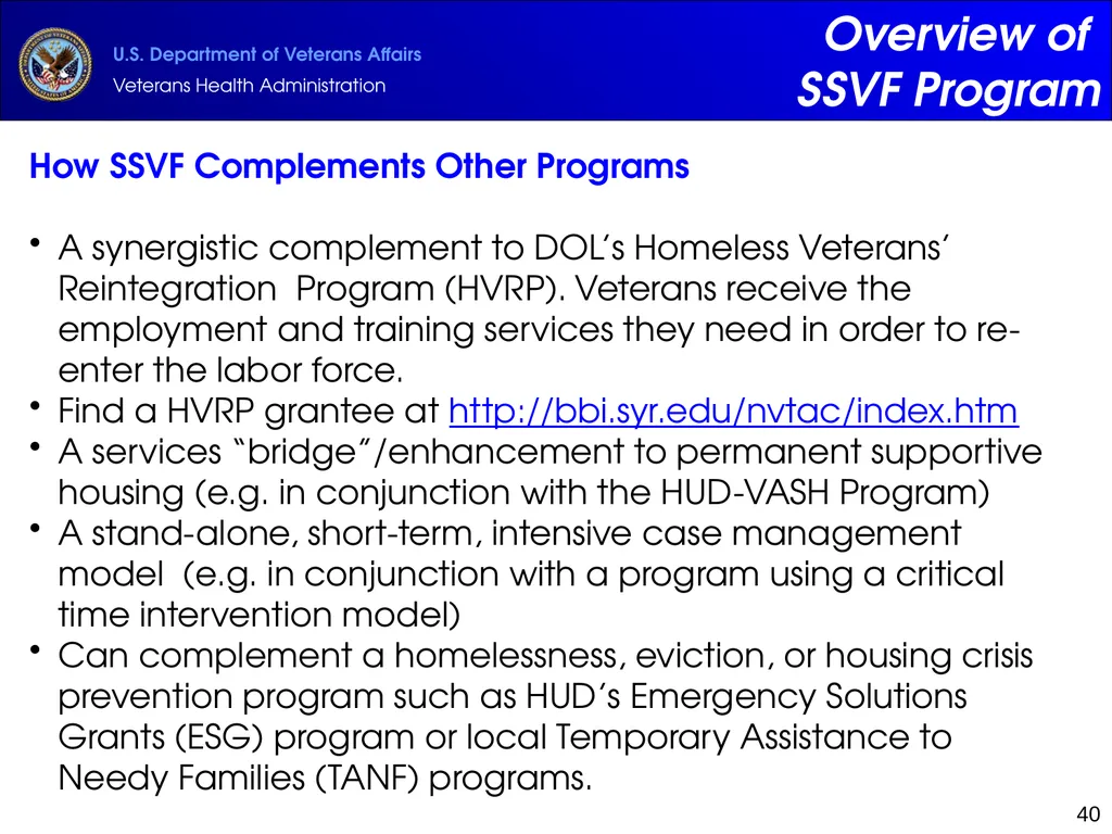 Supportive Services for Veteran Families (SSVF) - slide 40 of 69