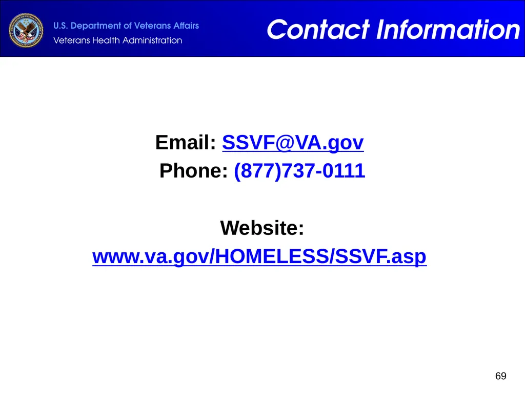 Supportive Services for Veteran Families (SSVF) - slide 69 of 69
