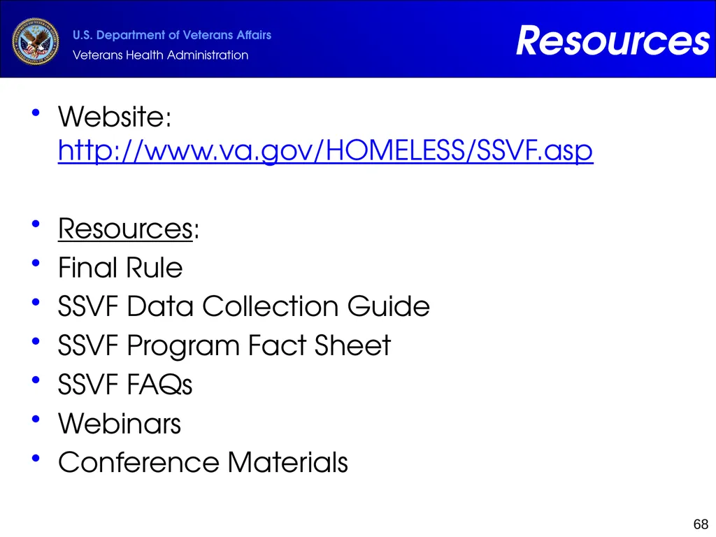 Supportive Services for Veteran Families (SSVF) - slide 68 of 69