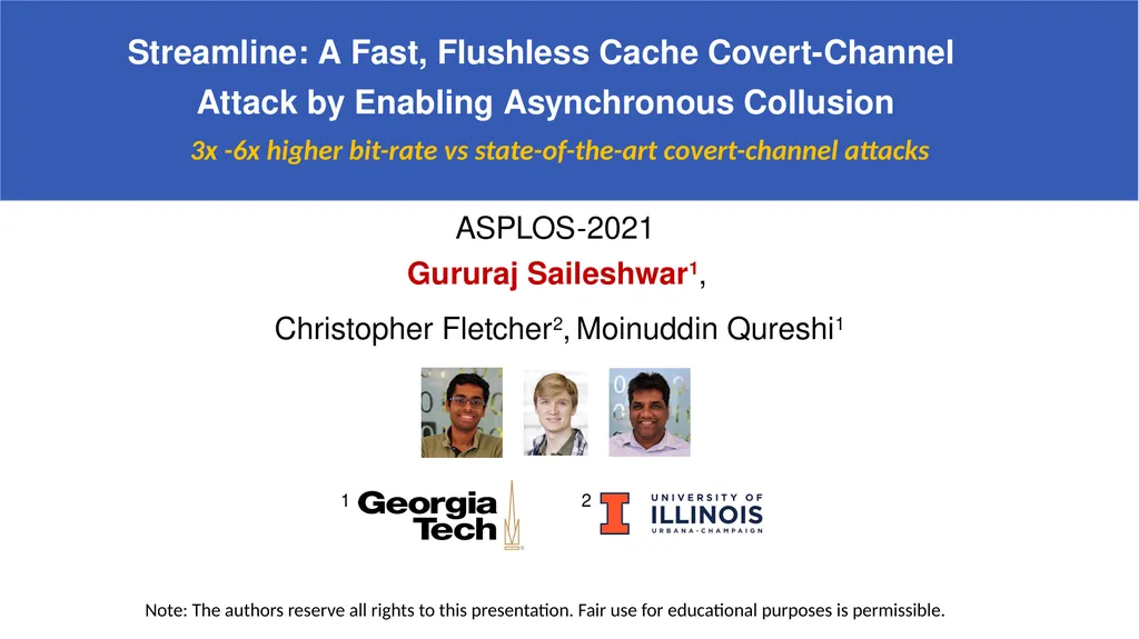 Streamline: A Fast, Flushless Cache Covert-Channel - slide 1 of 12
