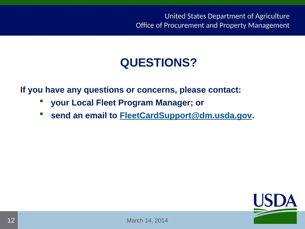 USDA Fleet Card User Certification Course USDA - - slide 12 of 12