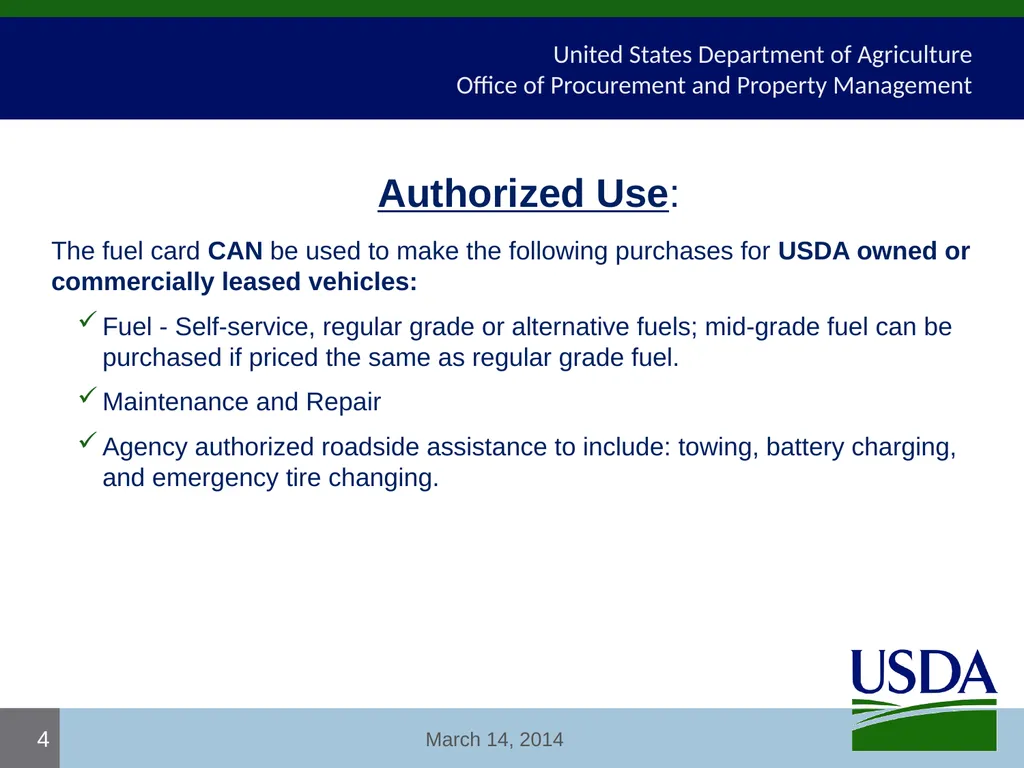USDA Fleet Card User Certification Course USDA - - slide 4 of 12