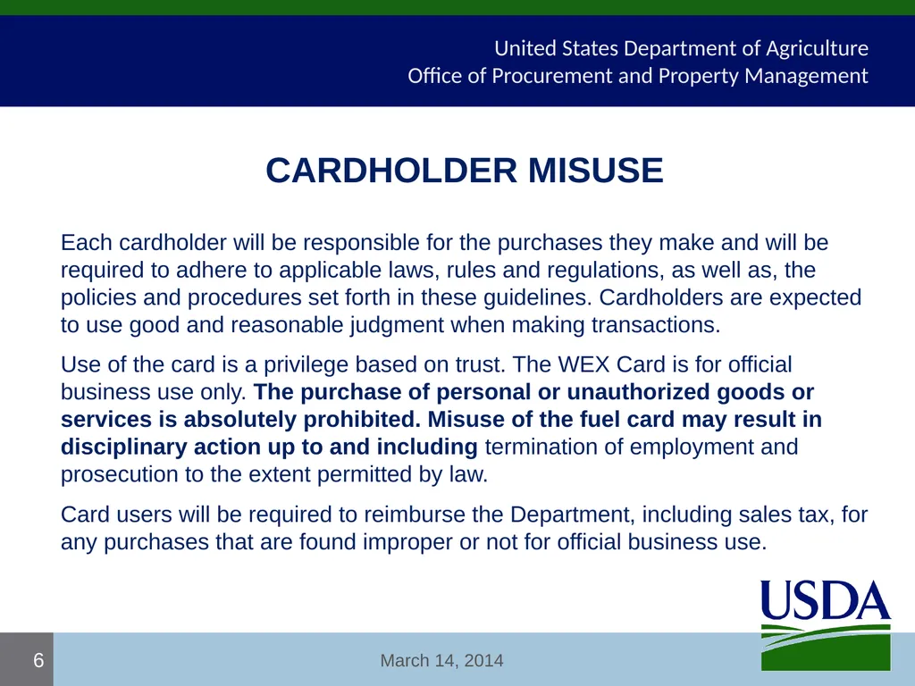 USDA Fleet Card User Certification Course USDA - - slide 6 of 12