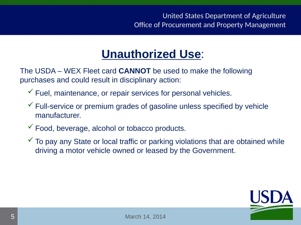 USDA Fleet Card User Certification Course USDA - - slide 5 of 12