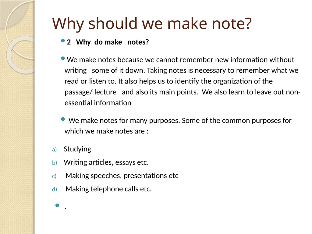 SYBSc ENGLISH US03AENG21 Topic 6 & 7 Note-Taking & - slide 4 of 12