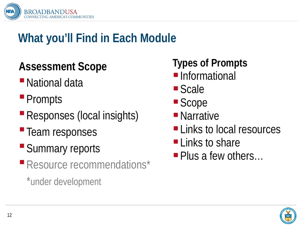 BroadbandUSA Connectivity Assessment Tool - - slide 12 of 19