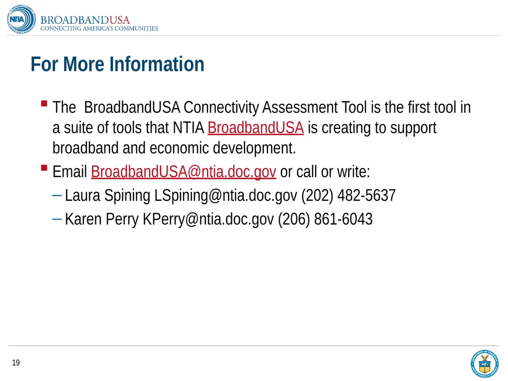 BroadbandUSA Connectivity Assessment Tool - - slide 19 of 19