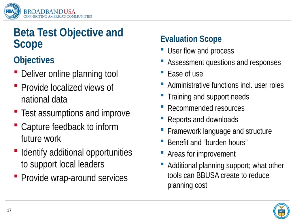 BroadbandUSA Connectivity Assessment Tool - - slide 17 of 19
