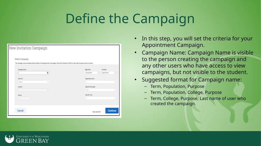 Launching an Appointment Campaign in Navigate To - slide 3 of 8