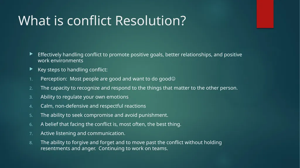 Conflict Resolution Objectives Learn the basics - slide 8 of 30
