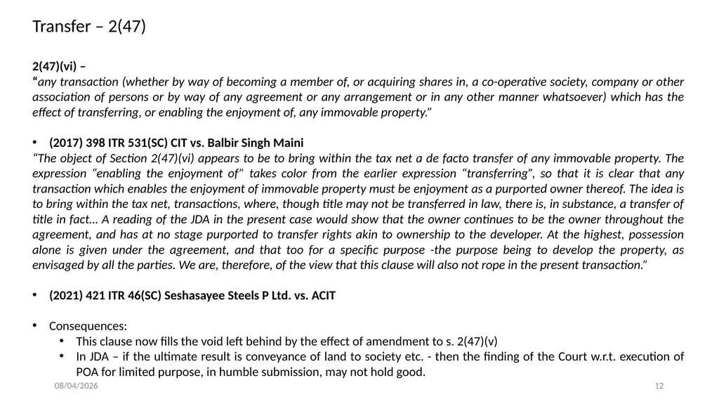 Direct Tax Implication on immovable properties and - slide 12 of 63