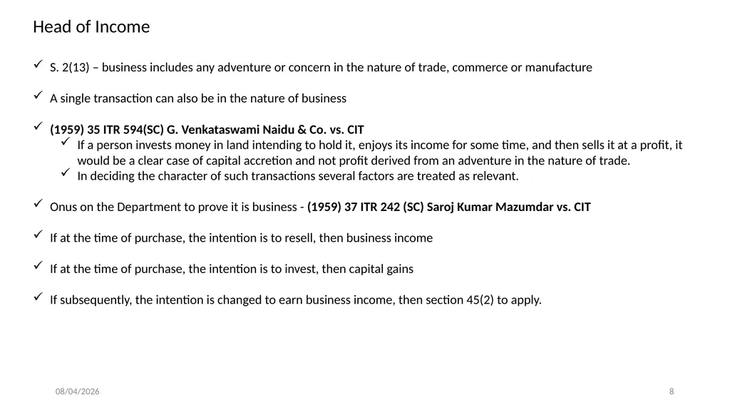 Direct Tax Implication on immovable properties and - slide 8 of 63