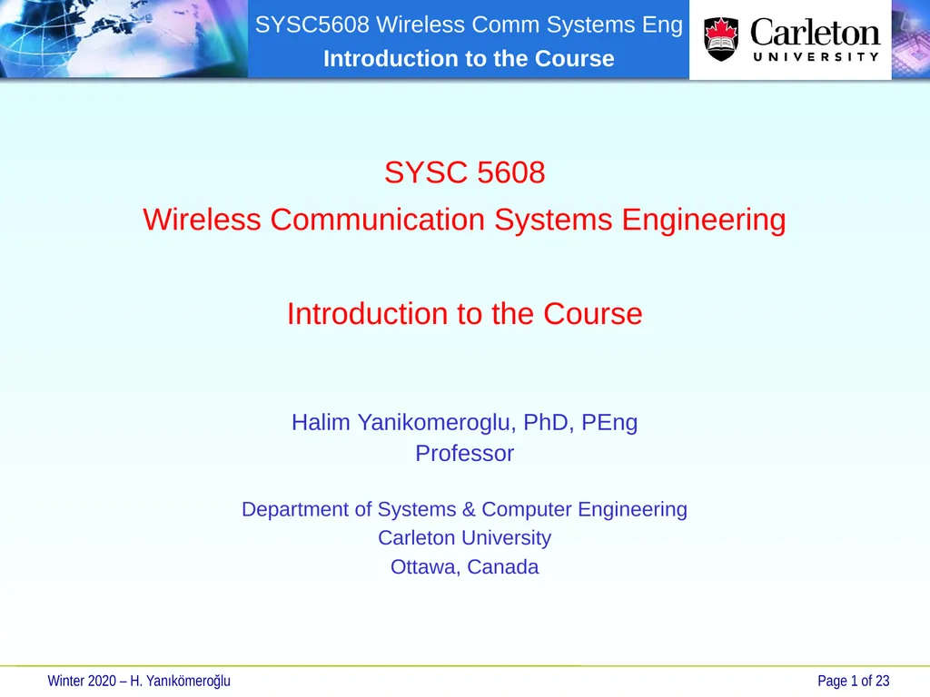 SYSC 5608 Wireless Communication Systems - slide 1 of 23