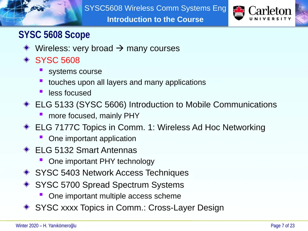 SYSC 5608 Wireless Communication Systems - slide 7 of 23