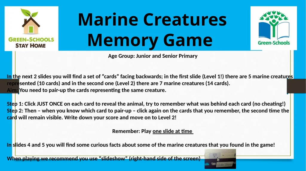 Marine Creatures Memory Game Age Group: Junior and - slide 1 of 5